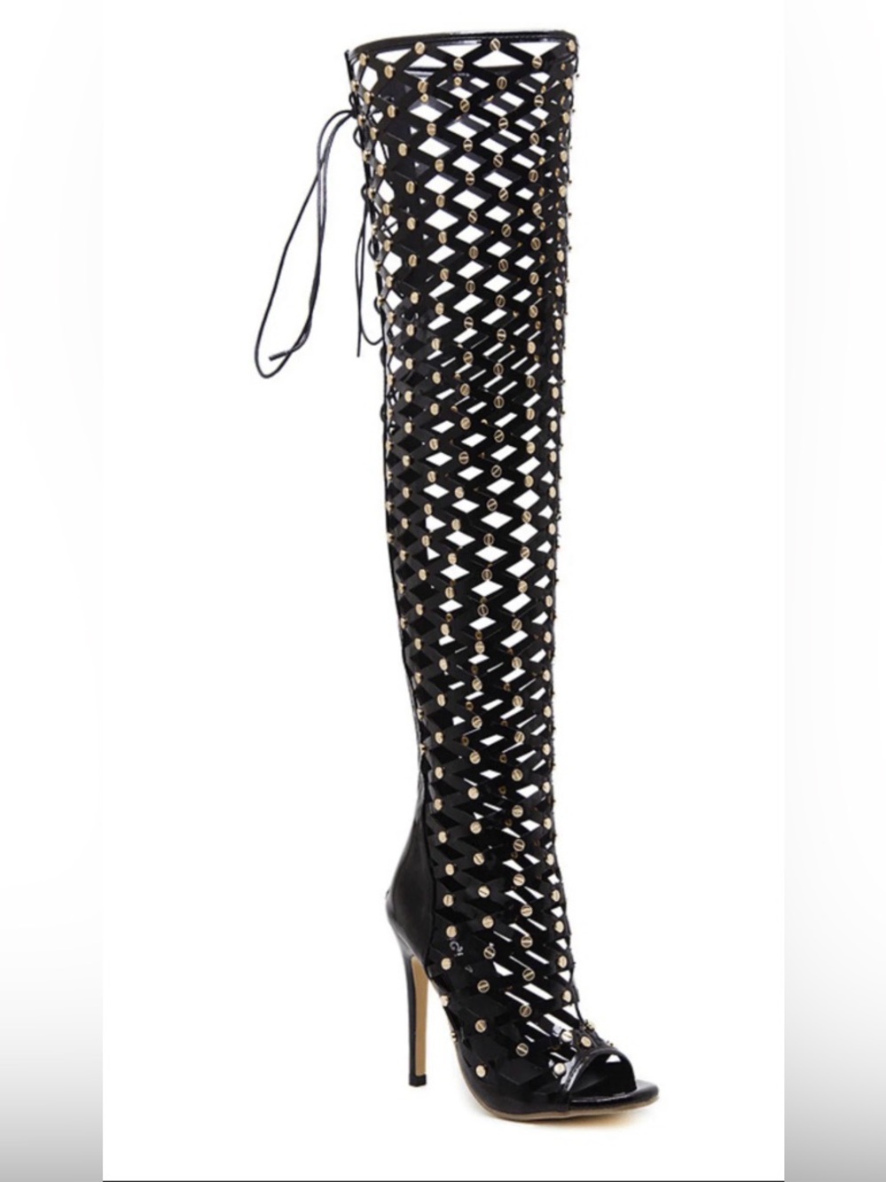 Studded Black Lace-Up Over-The-Knee Heel Boots Sz 5 NWOT